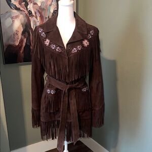 Brown Suede Leather Fringe Jacket with Embroidery Miranda Lambert